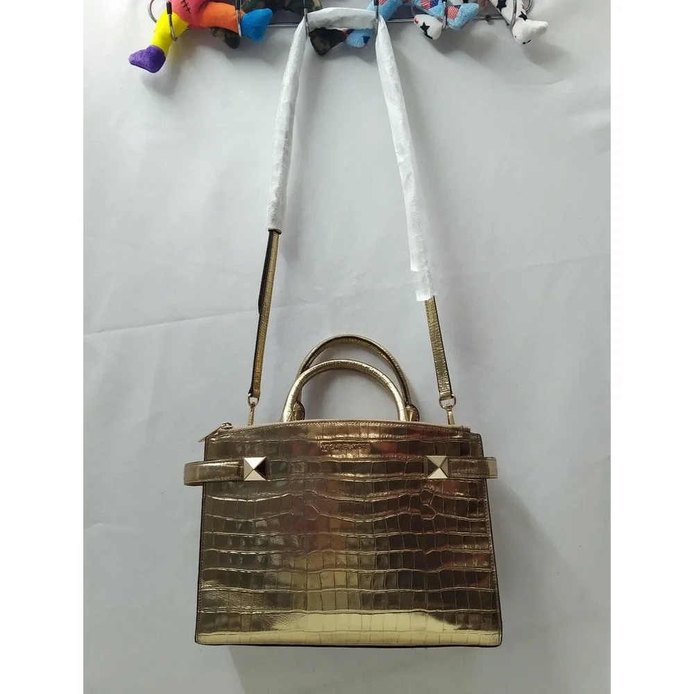 Michael Kors Karla Metallic Gold Leather Crocodile Embossed Satchel Bag - Picture 5 of 16